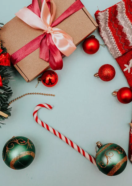 candies, gifts, Christmas toys on a blue background