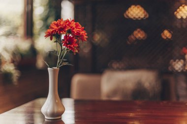 Bulanık arkaplanda güzel çiçekli beyaz vazo