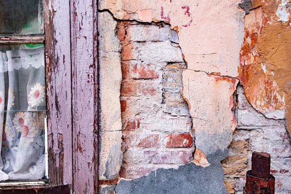 Vieille Fenêtre Dans Bâtiment Abandonné Vieux Mur Grunge Avec Peinture — Photo