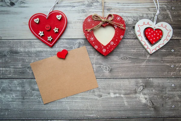 Red Valentine Hearts Card Text Wooden Background Valentine Day Top — Stock Photo, Image