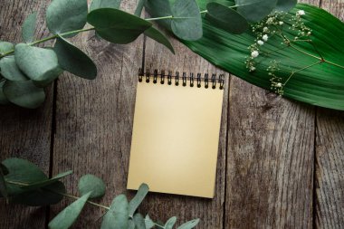 Ahşap arkaplanda bitki yaprakları ve okaliptüs filizi olan boş spiral defter. Yukarıdan bak. düz yat