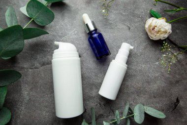 Okaliptüs filizi ve yeşil yapraklı gri arka planda serum ve kozmetik krem dolu şişeler. seçici odak
