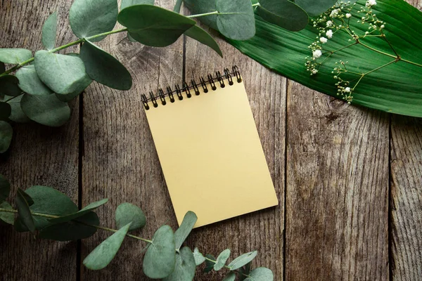 Ahşap arkaplanda bitki yaprakları ve okaliptüs filizi olan boş spiral defter. Yukarıdan bak. düz yat