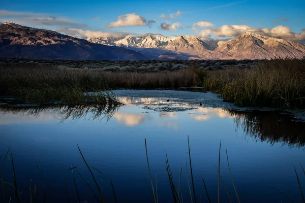 晨光照亮雪山和白云 反射在山谷湿地的水中 — 图库照片