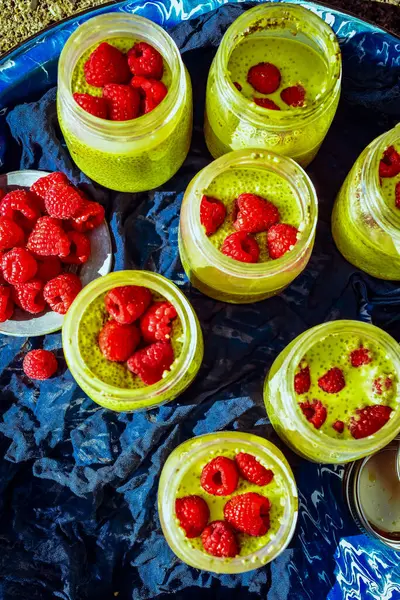 View Glass Jars Filled Chia Pudding Made Coconut Milk Green — Stock Photo, Image
