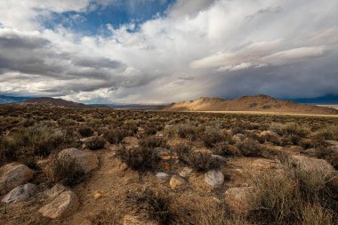 Çöl vadisi ve mavi gökyüzü olan güzel bir manzara.