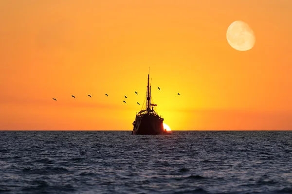 Schip zonsondergang maan vogels — Stockfoto