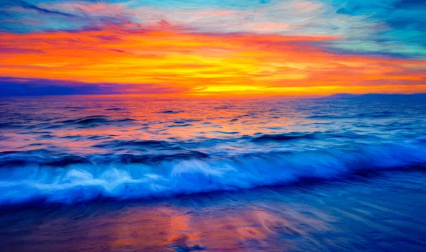 Deniz Kıyısında Renkli Okyanus Günbatımı Dalgası Kırılıyor — Stok fotoğraf