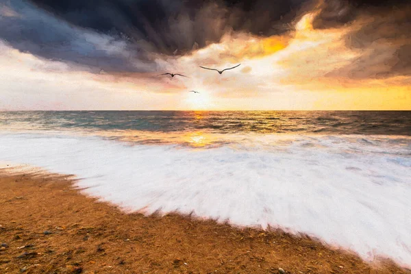 Tre Fåglar Silhuetter Flyger Havet Sunset Sky Med Solstrålar Emanating — Stockfoto