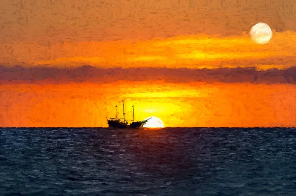 Pirate Ship Sits Ocean Silhouetted Colorful Orange Sunset Sky Painting — Stock Photo, Image