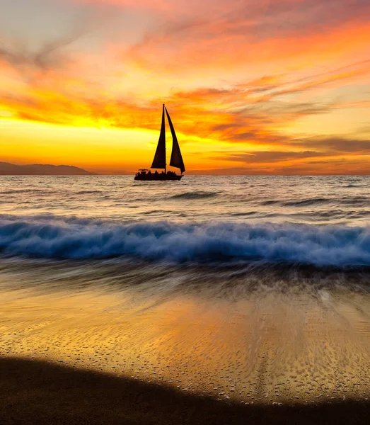 Sailboat Sailing Ocean Flock Birds Fly Colorful Sunset Sky Vertical — Stock Photo, Image