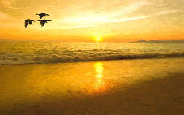 Three Birds Silhouettes Are Flying Into The Ocean Sunset Sky As A Gentle Wave Rolls To Shore In Illustration Painting Format