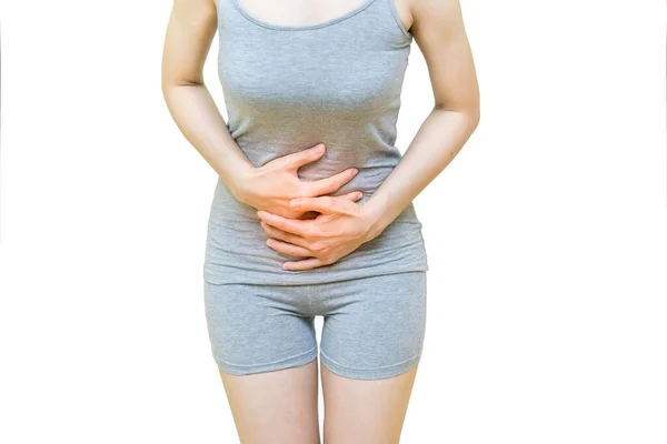 Unhappy Woman Suffering Menstruation Pain Pms Isolated White Background Abdomen — Stock Photo, Image