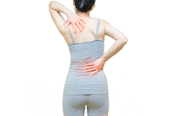Mujer Atractiva Con Dolor Espalda Cintura Aislado Sobre Fondo Blanco —  Fotos de Stock