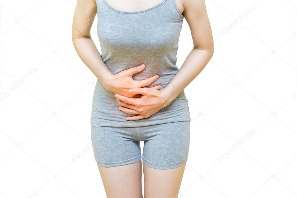 unhappy woman suffering from menstruation pain, PMS isolated on white background. Abdomen and stomach pain during criticals days. Health problems