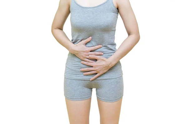 Low Body Woman Feels Abdominal Pain Wearing Gray Clothes Standing — Stock Photo, Image