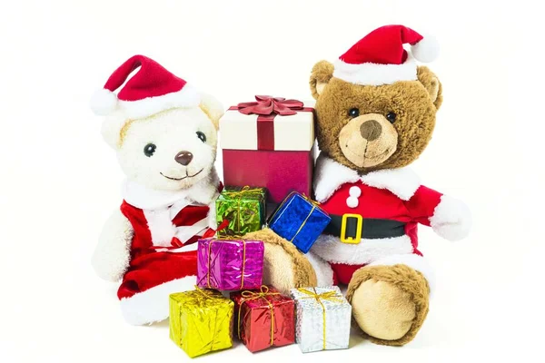 Пара Плюшевый Медведь Кукла Носить Санта Набор Многими Красочными Подарочные — стоковое фото