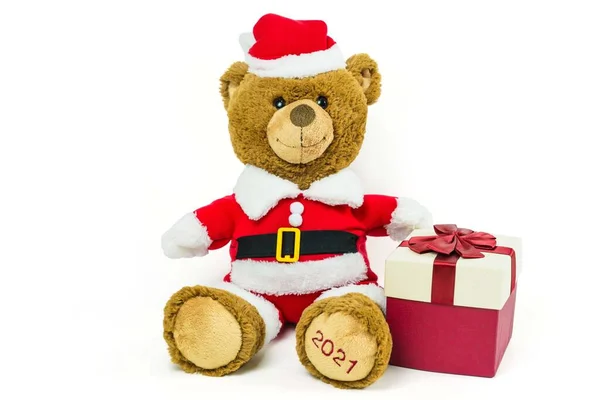 Une Poupée Ours Peluche Portant Père Noël Avec Boîte Cadeau — Photo