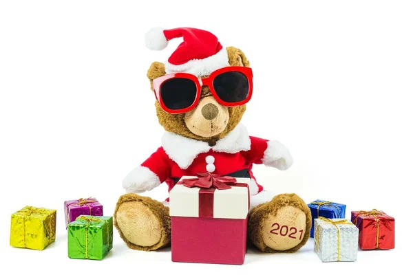 Кукла Плюшевого Медведя Наборе Санта Клауса Очках Многими Красочными Подарочными — стоковое фото