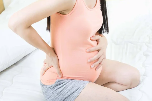 Feeling Bad Concept Close Pregnant Woman Back Pain Stomachache Sitting — Stock Photo, Image