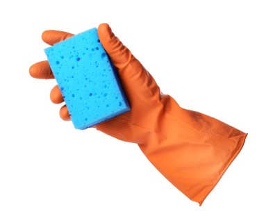 Sünger lastik eldiven elinde tutan
