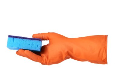 Sünger lastik eldiven elinde tutan