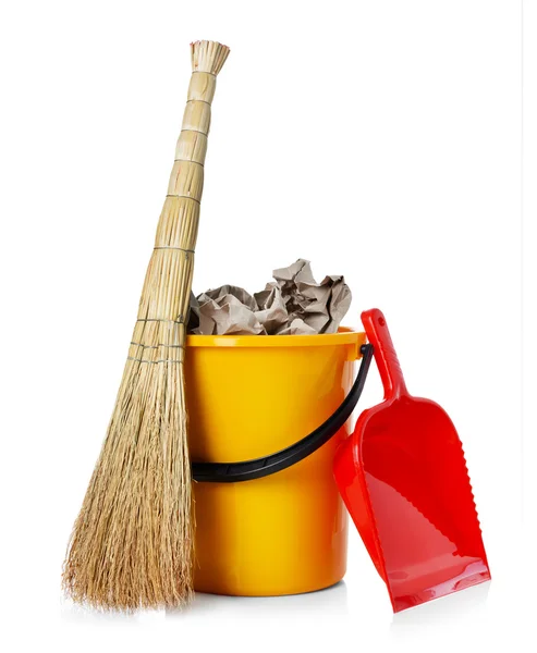 Broom and bucket isolated on white — Stock Photo, Image