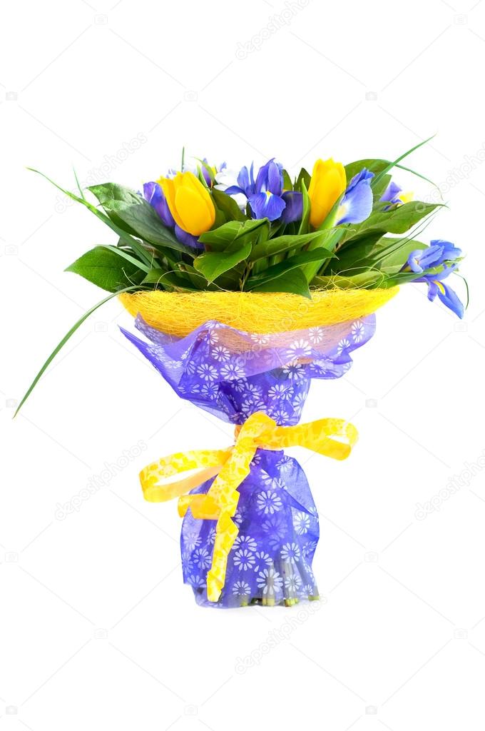 Beautiful bouquet with tulips and irises