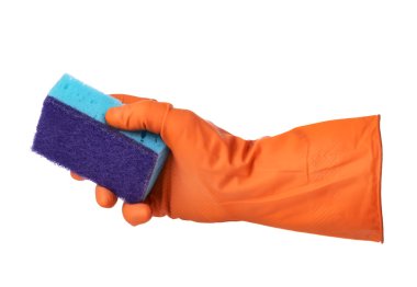 El lastik eldiven ile sünger tutar