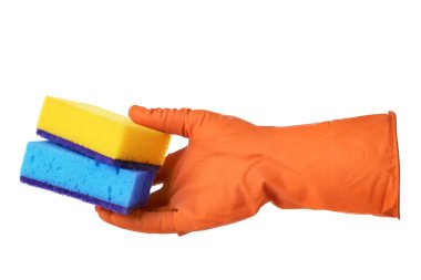 El lastik eldiven ile süngerler tutar