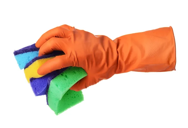 Hand met rubberen handschoen houdt sponzen — Stockfoto