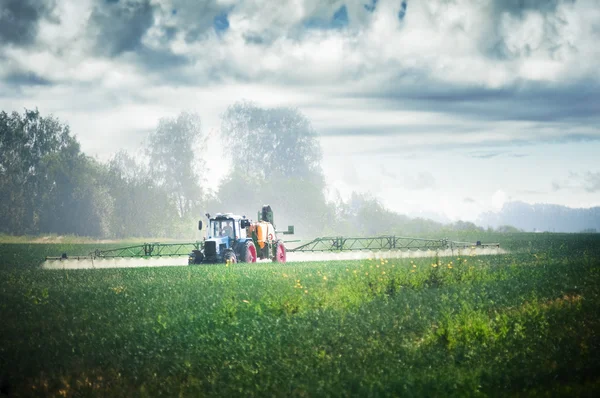 Tractor fertilizes crops — Stock Photo, Image