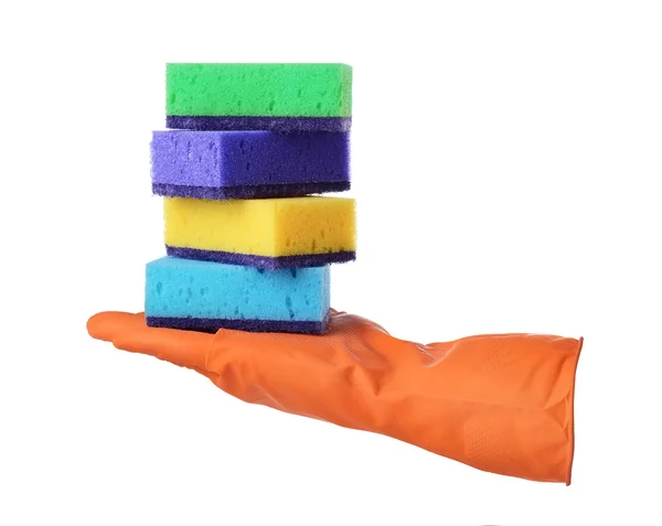 Hand with rubber glove holds sponges — Stock Photo, Image