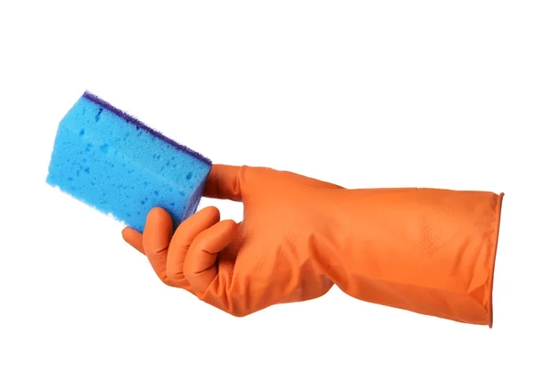 Hand with rubber glove holds sponge — Stock Photo, Image