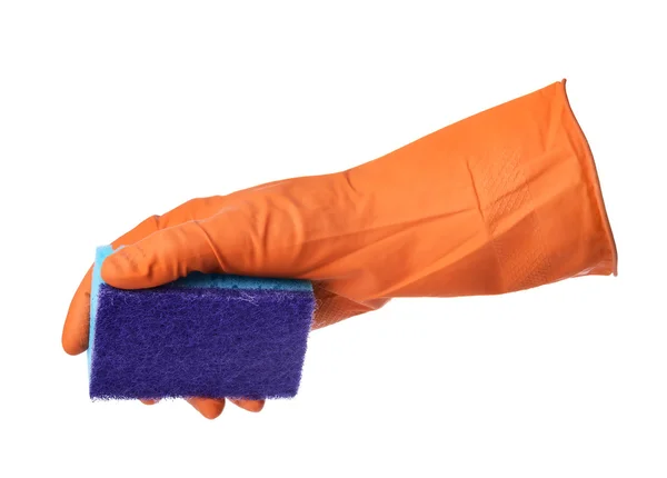Mão com luva de borracha segura esponja — Fotografia de Stock