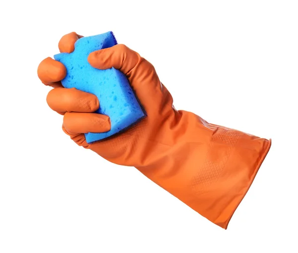 Mão com luva de borracha segura esponja — Fotografia de Stock