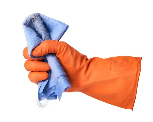 Hand met oranje rubberen handschoen — Stockfoto