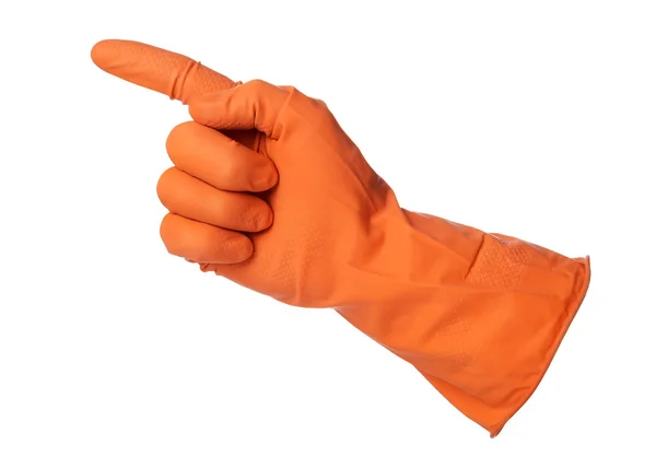 Luva de borracha laranja apontando — Fotografia de Stock