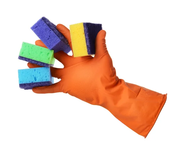 Hand met rubberen handschoen houdt sponzen — Stockfoto