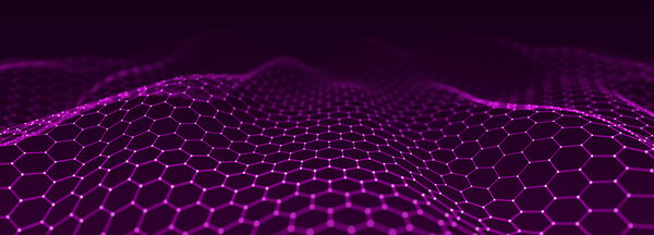 Abstract dynamic wave of points and lines. Hexagon. Big data. Network of particles. Digital background. 3d rendering.