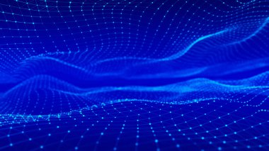 Parlak noktalar ve çizgiler ağı. Siyah arkaplandaki eğimli noktalar dalgası. Soyut dijital arkaplan. 3B görüntüleme.