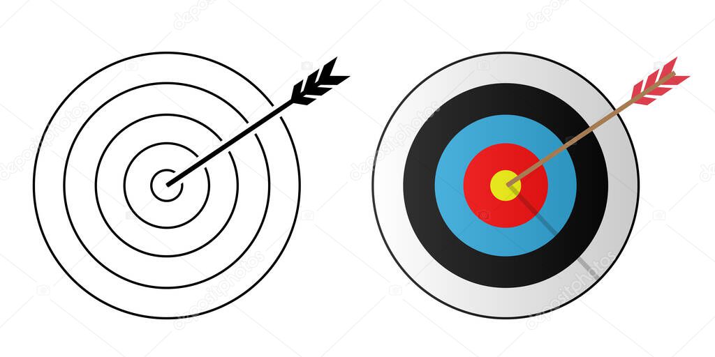 Target and arrow icons. Flat icon. Black and white and color target with an arrow in the center. Vector illustration.