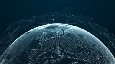 Dünya çapında ağ. Genel ağ bağlantısı. Dünya haritası. Dünya gezegeni. 3B görüntüleme.