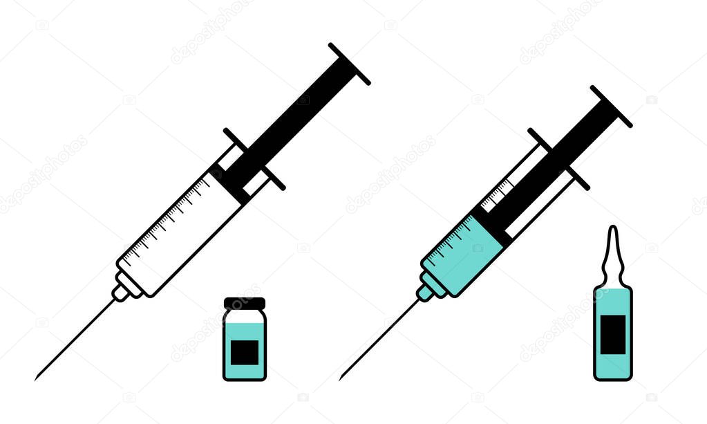 Empty syringe and syringe with vaccine and serum. Medical concept. Ampoule and bottle.Isolated flat icon symbol. Vector illustration.