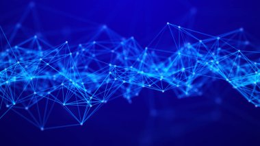 Parlak noktalar ve çizgiler ağı. Siyah arkaplandaki eğimli noktalar dalgası. Soyut dijital arkaplan. 3B görüntüleme.