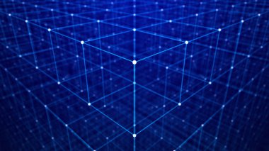 Birbirine bağlı noktalar ve çizgiler ağı. Büyük veri görselleştirmesi. Parlak parçacıkların dalgası. Fütürist bilgi. Soyut dijital arkaplan. Şebeke çizimi. Blok zinciri konsepti. 3d oluşturma.