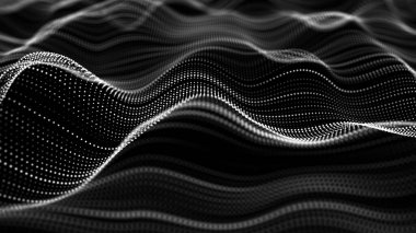 Parlak noktalar ve çizgiler ağı. Siyah arkaplandaki eğimli noktalar dalgası. Soyut dijital arkaplan. 3B görüntüleme.