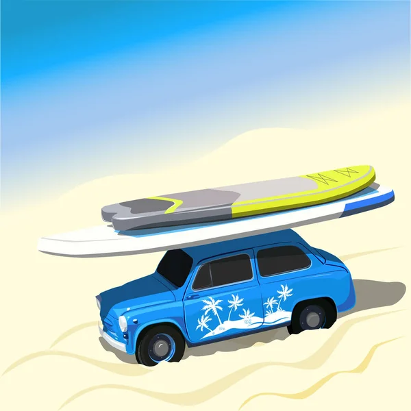 Blå bil med sup brädor på stranden. — Stock vektor