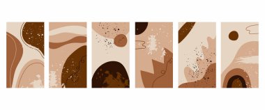 Moda geçmişi. Kalıplar serbest bej ve kahverengi dokuları şekillendirir. El çizimi soyut vektör seti. Sosyal medya pazarlaması, dijital gönderi, baskılar, afişler için Insta hikaye şablonları