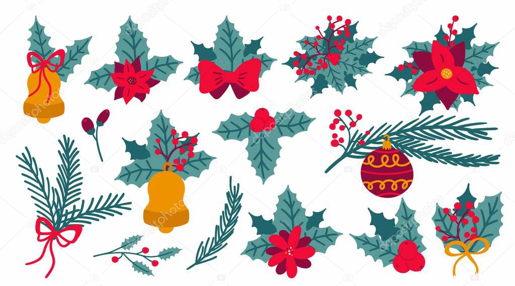 Christmas botanical decoration set. Hand drawn leaves, flowers and berries, bows and fir tree, winter traditional xmas holiday decoration elements, vector cartoon design decor isolated objects